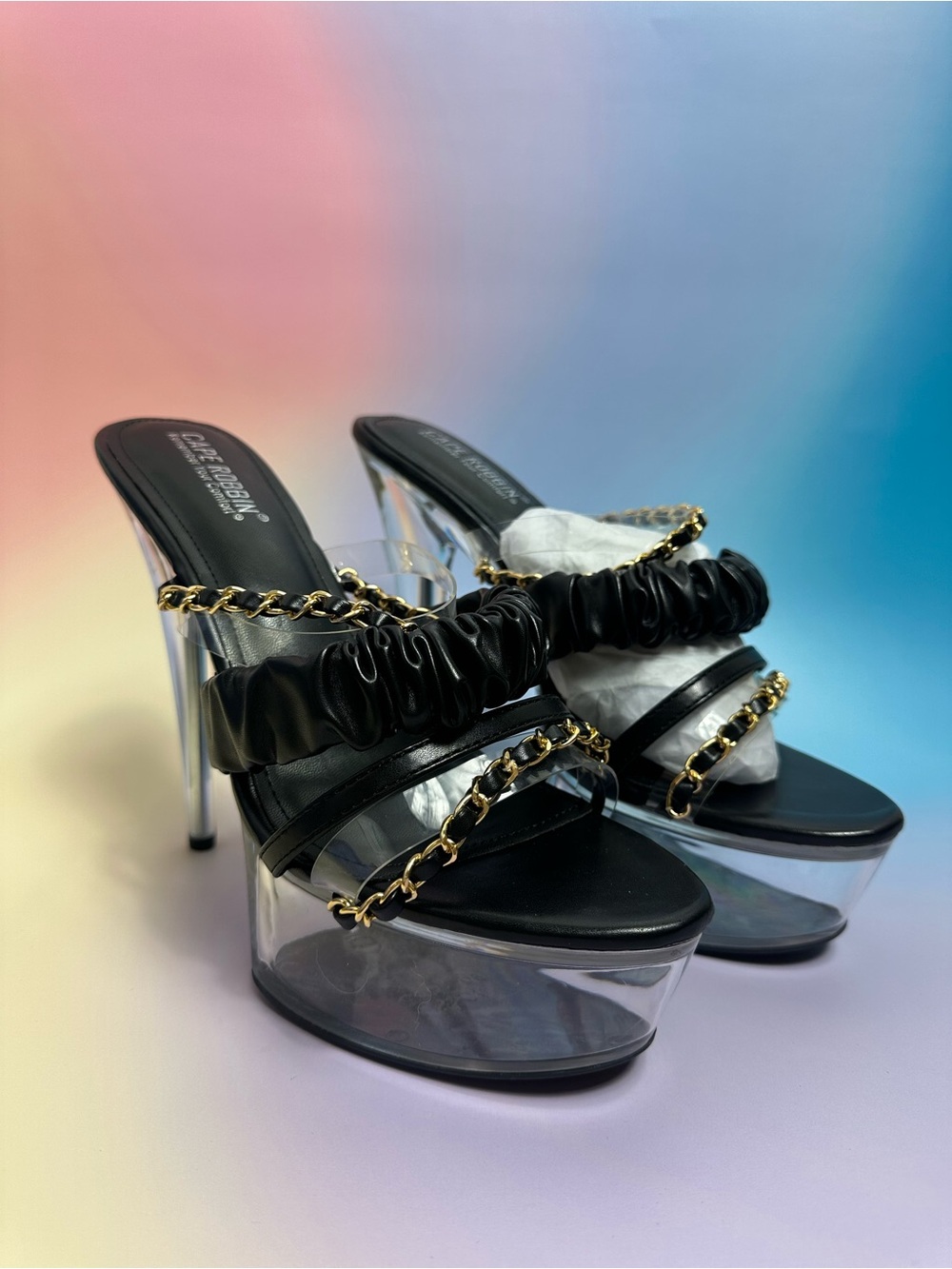 Cape Robbin Black Platform Mule Heels with Gold Chain
